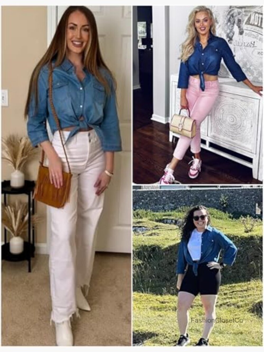 3/4 Sleeve Denim Crop Top Tie Knot Shirt Cardigan - Picture 5 of 7